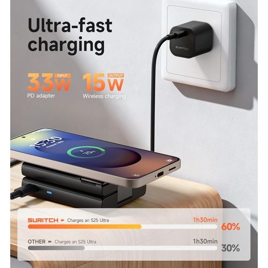 Suritch 3σε1 αναδιπλούμενος ασύρματος σταθμός φόρτισης για συσκευές Samsung, μαύρος