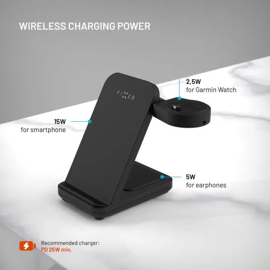FIXED Powerstation 3 az 1-ben vezeték nélküli töltőállomás Garmin-hoz, 15W + 5W + 2,5W, fekete