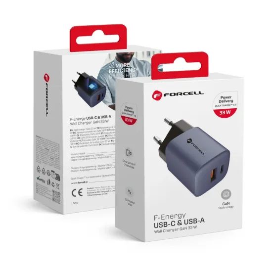 Forcell F-Energy adaptér VT-31 33W GaN USB-C a USB A, sivý