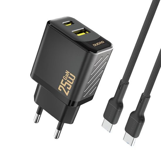 Dudao A26TCEU nabíječka USB-A + USB-C s USB-C kabelem, PD QC 25W GaN, černá