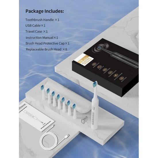 Zestaw sonicznej szczoteczki elektrycznej i bezprzewodowego irygatora 2w1 (IPX7, 5 trybów, 300 ml), biały
