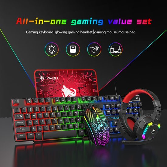 T-WOLF TF810 RGB Gaming Set 4in1 - Gaming Tastatur + Maus + Headset + Mauspad - Komplettes Gaming Setup
