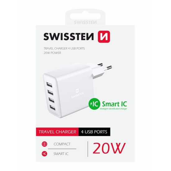 Swissten sieťový adaptér 4x USB 4A 20W, biely