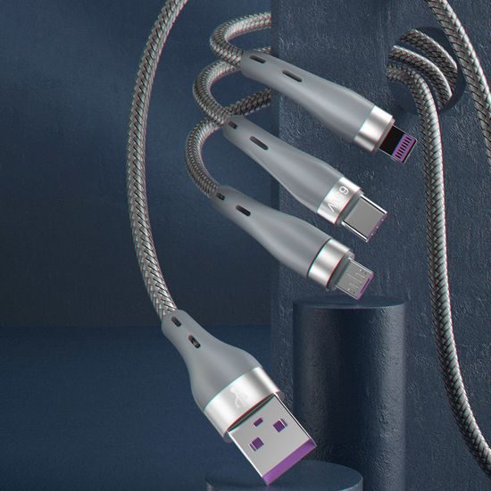 Dudao 3v1 USB kábel - Lightning / MicroUSB / USB-C, 65W 1,2 m, šedý (L20X)