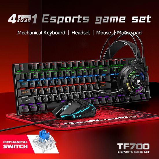T-WOLF TF700 Gaming Set 4in1 - RGB Tastatur mit Mechanical Feel + Gaming Maus + Headset + Mauspad