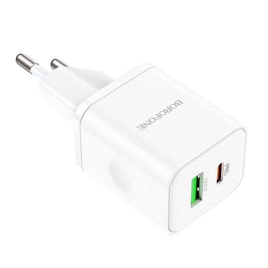Încărcător Borofone BN7, USB + USB-C, QC 3.0, PD 20W, alb