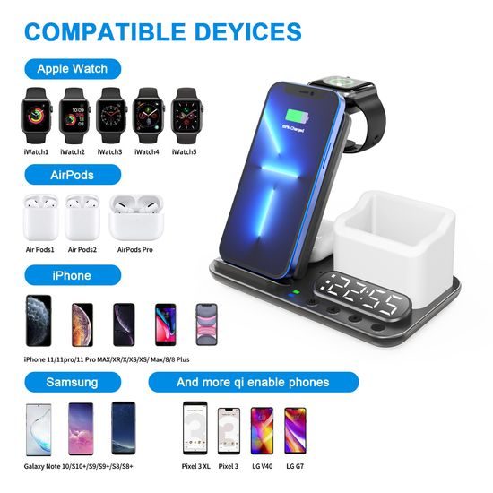 DeskCharge Station Pro Πολυλειτουργικός σταθμός ασύρματης φόρτισης 5 σε 1 με ρολόι και οργανωτή, λευκό