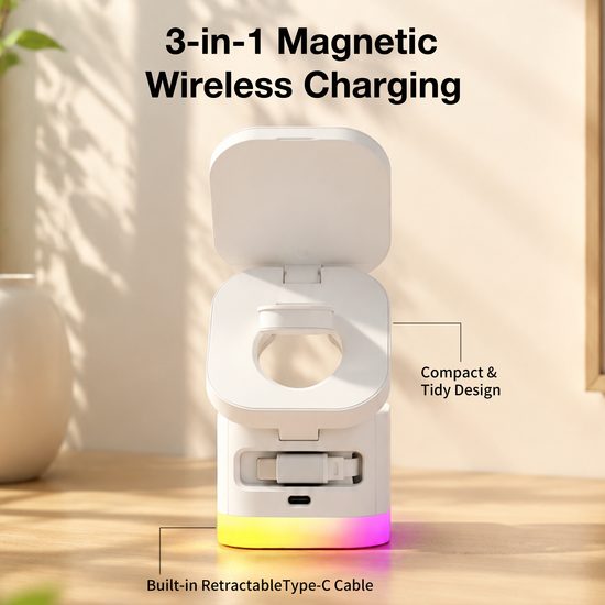 3-in-1 magnētiskais bezvadu lādētājs ar RGB apgaismojumu