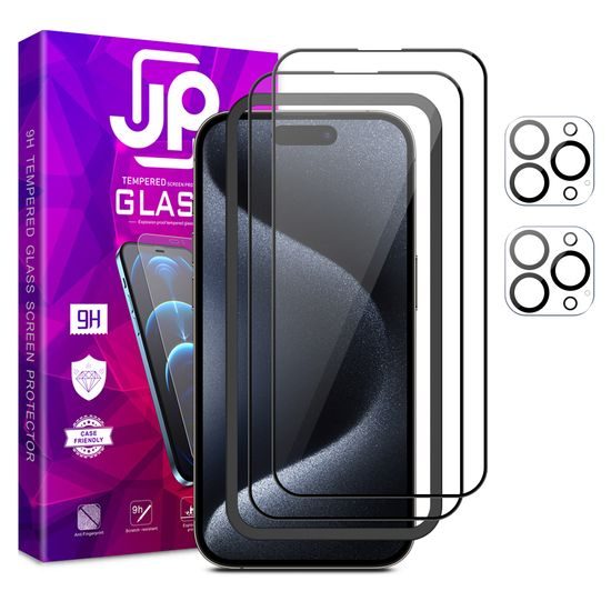 JP Full Pack Tvrzených skel, 2x 3D sklo s aplikátorem + 2x sklo na čočku, iPhone 15 Pro MAX