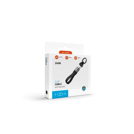 FIXED Clip Cable USB-C - USB-C adatkábel karabinerrel, USB 3.2 Gen 2, 10Gb/s, 4K 60Hz, PD 240W, fekete