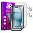 iPhone 15 Plus kaitseklaas – JP Full Pack paigaldusraamiga karastatud klaasi komplekt 2 tk + 2 tk kaamera kaitseklaasi