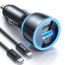 Lisen Autonabíjačka USB-A + 2× USB-C s USB-C káblom, 170 W, GaN, 12V/24V, 2 m, čierna