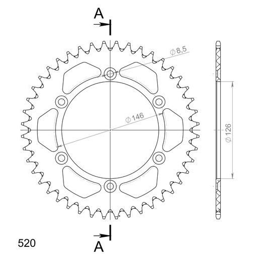 REAR ALU SPROCKET SUPERSPROX RAL-808:44-BLK CRNI 44T, 520