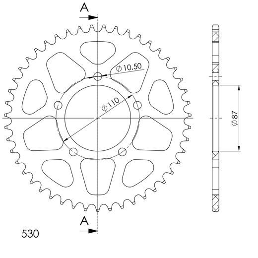 REAR ALU SPROCKET SUPERSPROX RAL-829:47-BLK CRNI 47T, 530