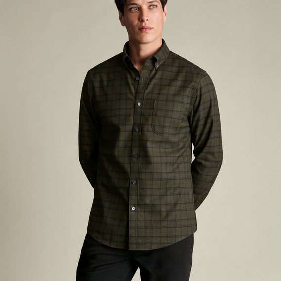 Charles Tyrwhitt Non-Iron Twill Check Shirt — Olive Green / Navy