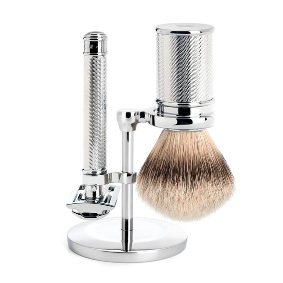 Set za brijanje Mühle Traditional - stalak, brijač sa zatvorenom glavicom, četka silvertip badger - krom