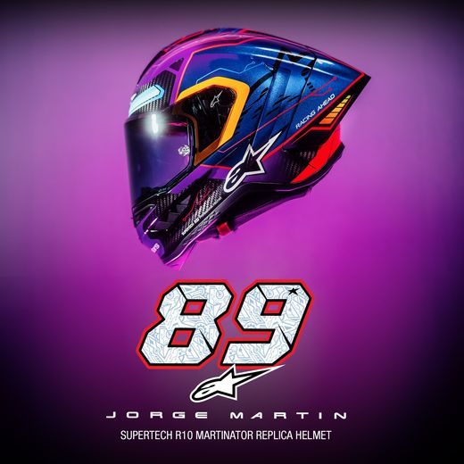 PŘILBA SUPERTECH R10 LIMITOVANÁ EDICE MARTINATOR JORGE MARTIN, ALPINESTARS (MODRÁ/FIALOVÁ/ČERVENÁ/ŽLUTÁ) 2025