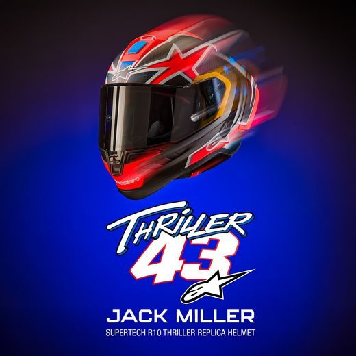 PŘILBA SUPERTECH R10 LIMITOVANÁ EDICE JACK MILLER, ALPINESTARS (MATNÝ KARBON/ČERVENÁ/MODRÁ/ŽLUTÁ/BÍLÁ) 2025