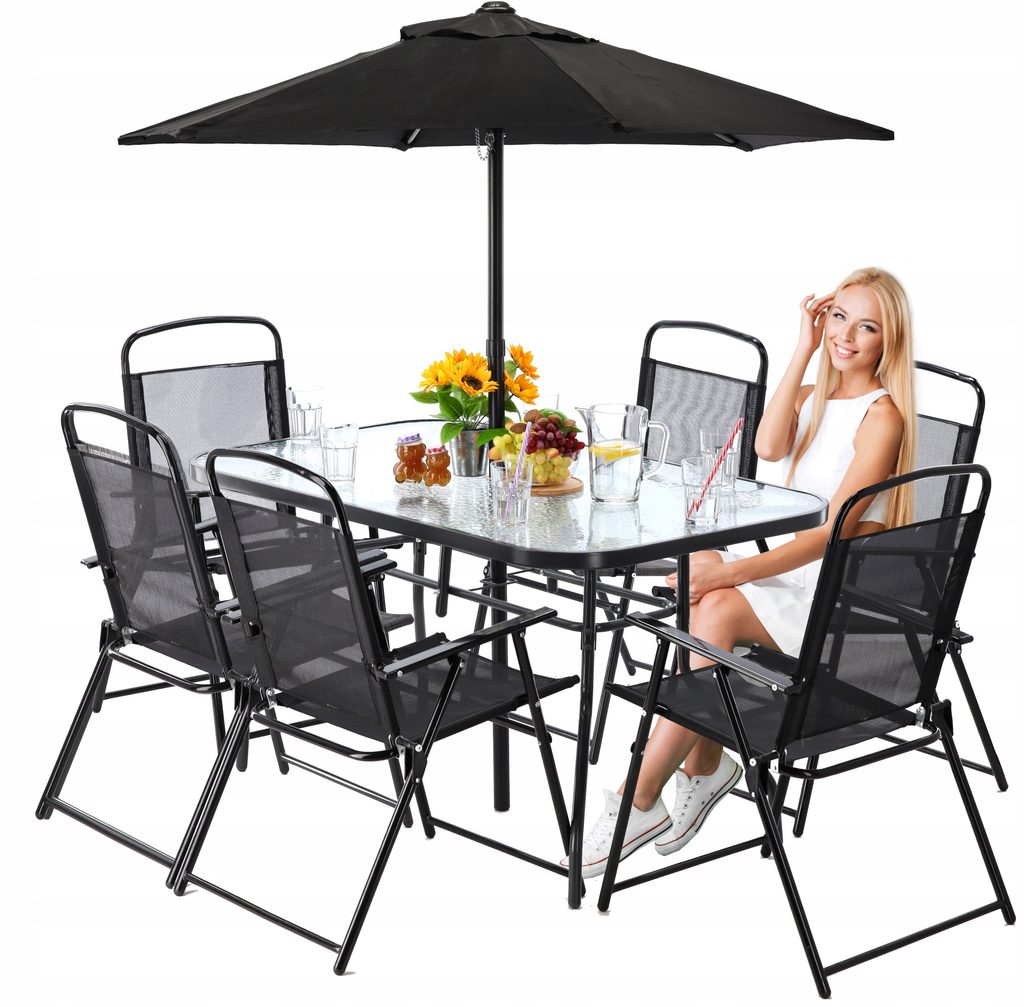 Prima Kresla - Záhradný set so slnečníkom Piere, hranatý stôl + 6 stoličiek,  čierny - Chomik - Sety záhradného nábytku - Záhradný nábytok