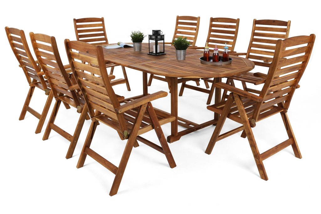 Prima Kresla - Záhradný nábytok Akacja, oválny rozkladací stôl + 8  polohovateľných stoličiek - Home Garden - Sety záhradného nábytku -  Záhradný nábytok
