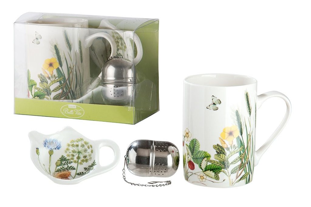 Homedesignshop.cz - Porcelánová 3-dílná čajová souprava Wild Flowers (hrnek +odkladač+sítko) - GILDE - Konvice a hrnky na čaj - Káva a čaj - Eshop s  interierovými doplňky