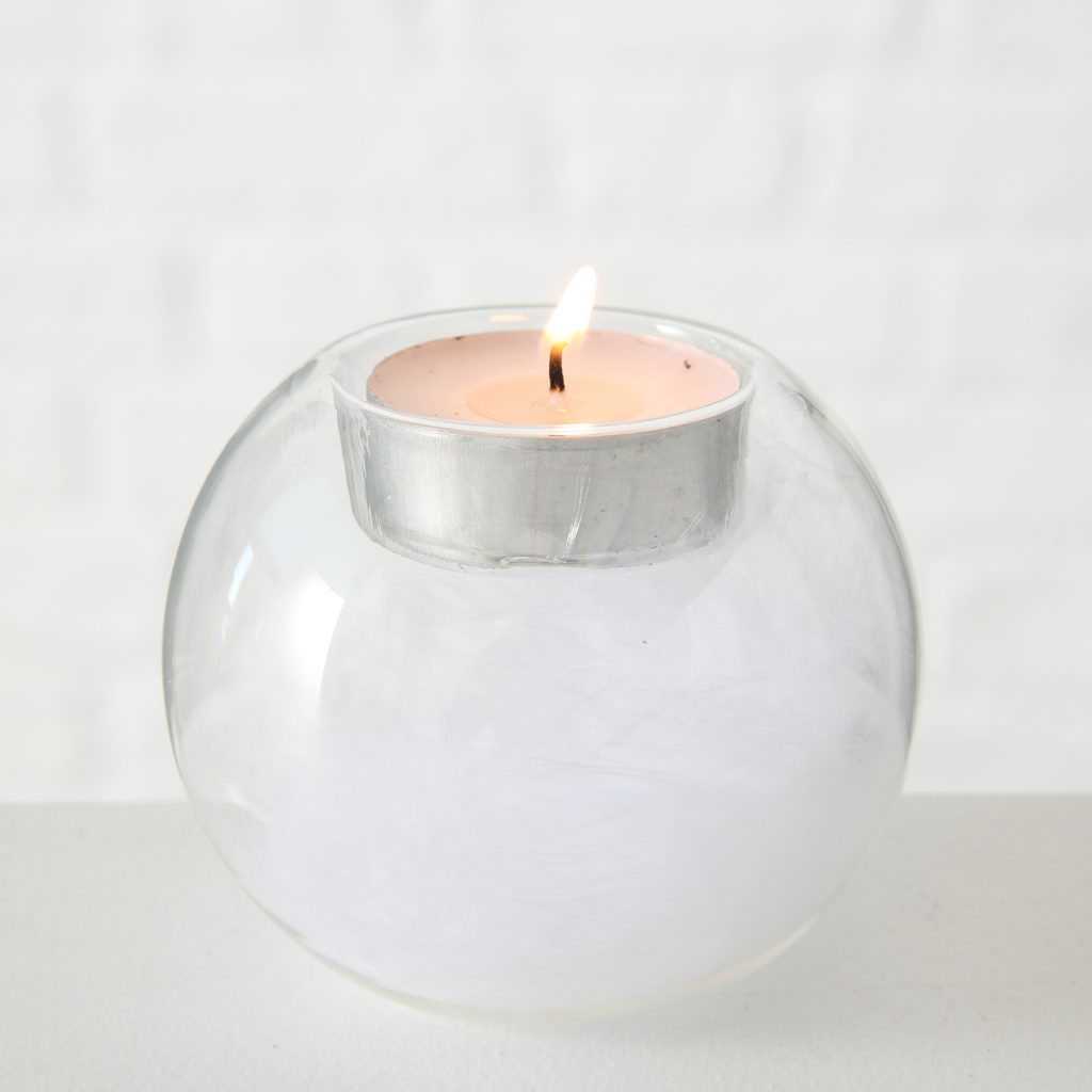 Homedesignshop.cz - Skleněný svícen na čajovou svíčku s peřím bílý - BOLTZE  - Vánoční svícny - Vánoce - Eshop s interierovými doplňky