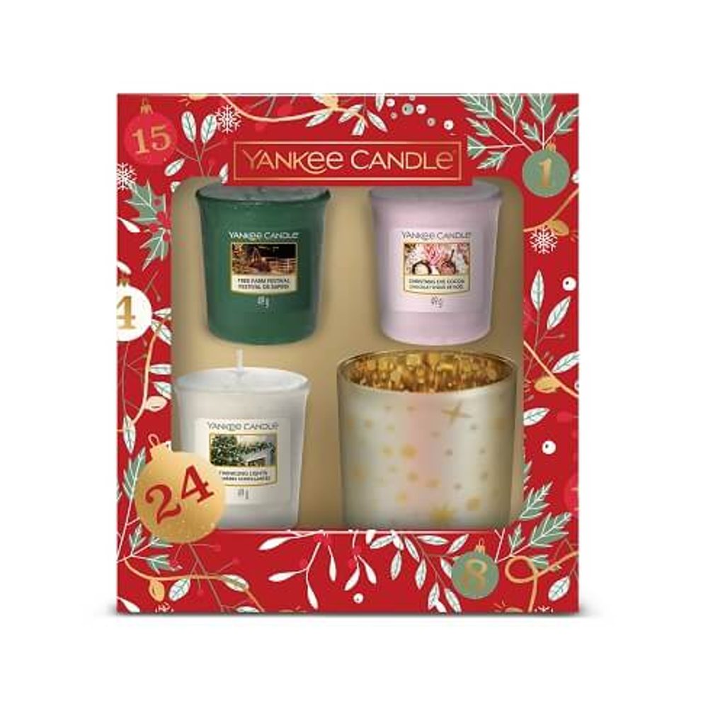 Homedesignshop.cz - Yankee Candle - Vánoční dárková sada 3ks votivní svíčky+svícen  - YANKEE CANDLE - Dárkové sady - Yankee Candle, Svíčky, Bytové vůně - Eshop  s interierovými doplňky