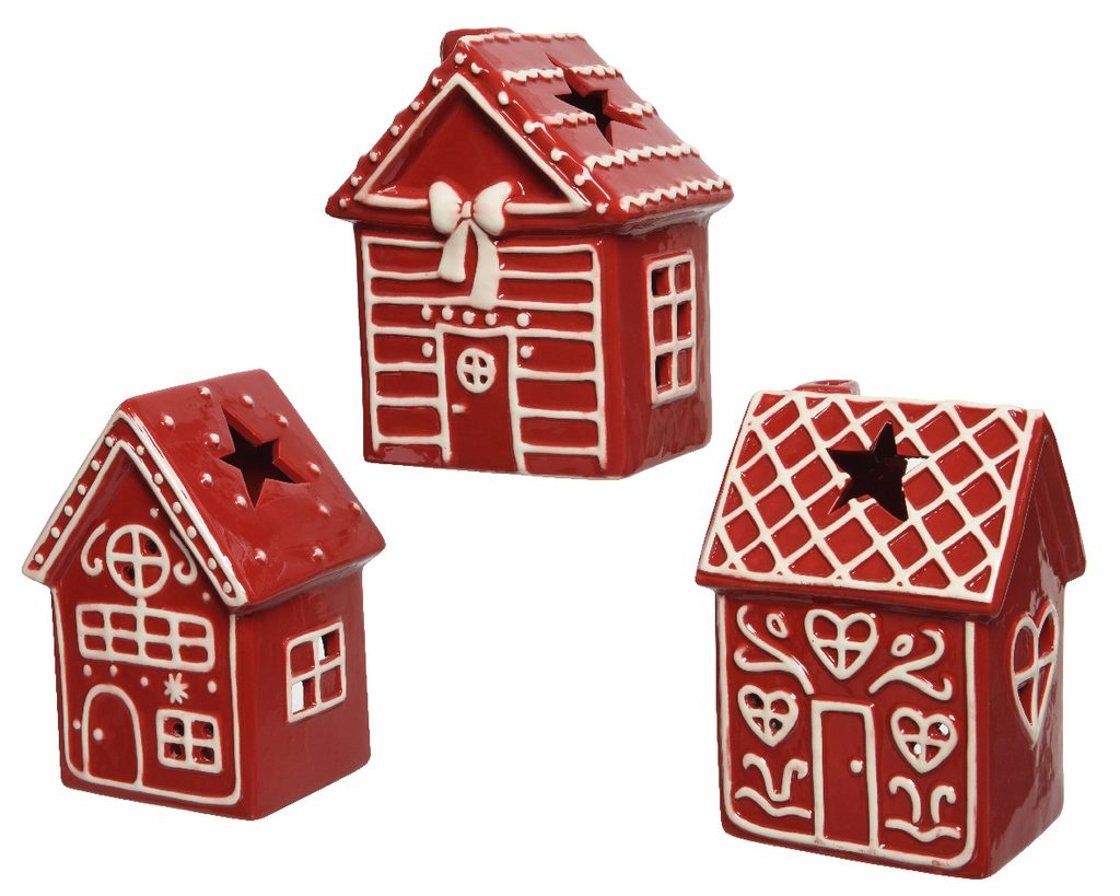 Homedesignshop.cz - Vánoční dekorace porcelánový domeček na svíčku červený,  13x11x18 cm - KAEMINGK - Vánoční svícny - Vánoce - Eshop s interierovými  doplňky