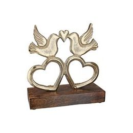 Kovová dekorace holubice se srdci na dřevěném klínku zlaté, 6x17,5x17 cm