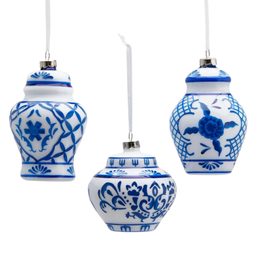 Vánoční skleněná ozdoba s modrými ornamenty 1ks, 12 cm