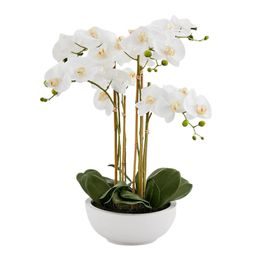 Umelá kvetina orchidea biela v bielom kvetináči, 64 cm