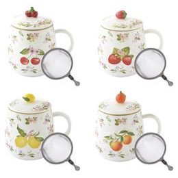 Porcelánový hrnek se sítkem a pokličkou na čaj Fancy Fruit 450ml, Easy Life
