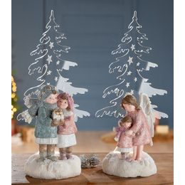 Vianočné figúrky anjela s dieťaťom a medvedíkom pri stromčeku s LED osvetlením, 10x14x32 cm