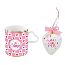 Porcelánová sada hrnek 320ml a keramické srdíčko na zavěšení 7x10cm Cuoricini, Easy Life