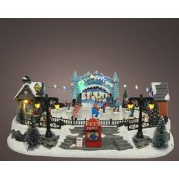 Vánoční dekorace hrací vesnička a kluziště s LED osvětlením, 28,5x41,5x16,5 cm