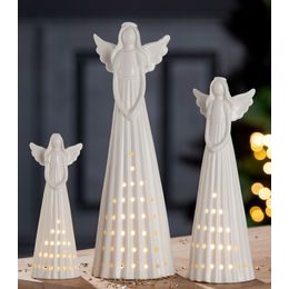 Vánoční figurky anděla s dítětem a medvídkem u stromu s LED osvětlením, 10x14x32 cm