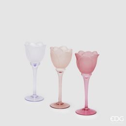 Skleněný svícen ve tvaru tulipánu fialový/růžový 1ks, 22x8,5 cm