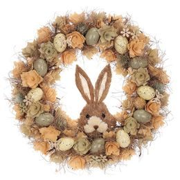 Velikonoční dekorace věnec s květy a zajícem přírodní, 45 cm