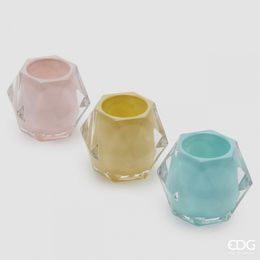 Skleněný svícen Diamond růžový/žlutý/modrý 1ks, 8,5x10,5 cm