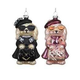 Vánoční skleněná ozdoba psí dáma v outfitu 1ks, 7,2x6,8x12,6cm