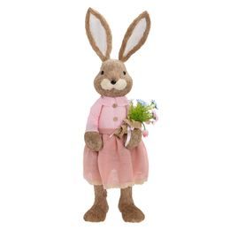 Velikonoční dekorace slaměná zaječice s kytkou růžová, 40x34x120 cm