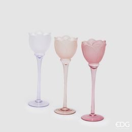 Skleněný svícen ve tvaru tulipánu fialový/růžový 1ks, 28x8,5 cm