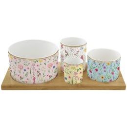 Súprava Aperitiv so 4 porcelánovými miskami a bambusovým podnosom Meadow Flowers 29x13 cm, Easy Life