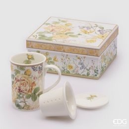 Porcelánový hrnek se sítkem a poklopem na čaj Flower Garden, 11 cm