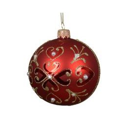 Vánoční skleněná červená ozdoba s ornamenty a flitry, 8 cm