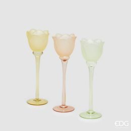 Skleněný svícen ve tvaru tulipánu žlutý/oranžový/zelený 1ks, 28x8,5 cm