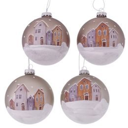 Vianočná sklenená ozdoba s domčekmi béžová/sivá 1ks, 8cm