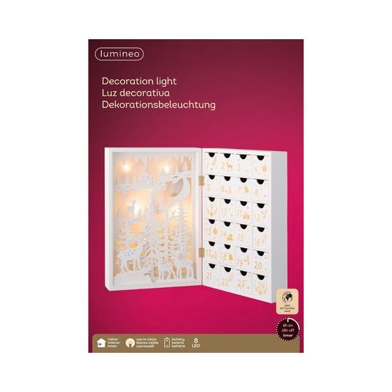 Vánoční dekorace kniha adventní kalendář s LED osvětlením bílý, 11x23,5x34,5 cm