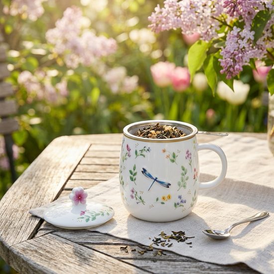 Porcelánový hrnček so sitkom a viečkom na čaj Fancy Garden 450 ml, Easy Life