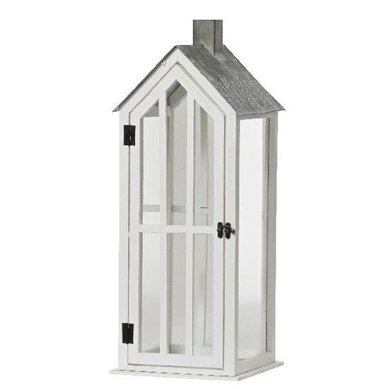 Drevený lampáš v tvare domčeka biely 1ks, 29-95 cm